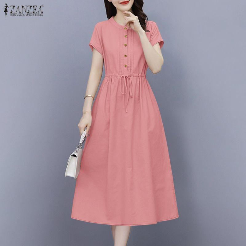 ZANZEA Women Casual Round Neck Solid Color Loose Short Sleeve Dress