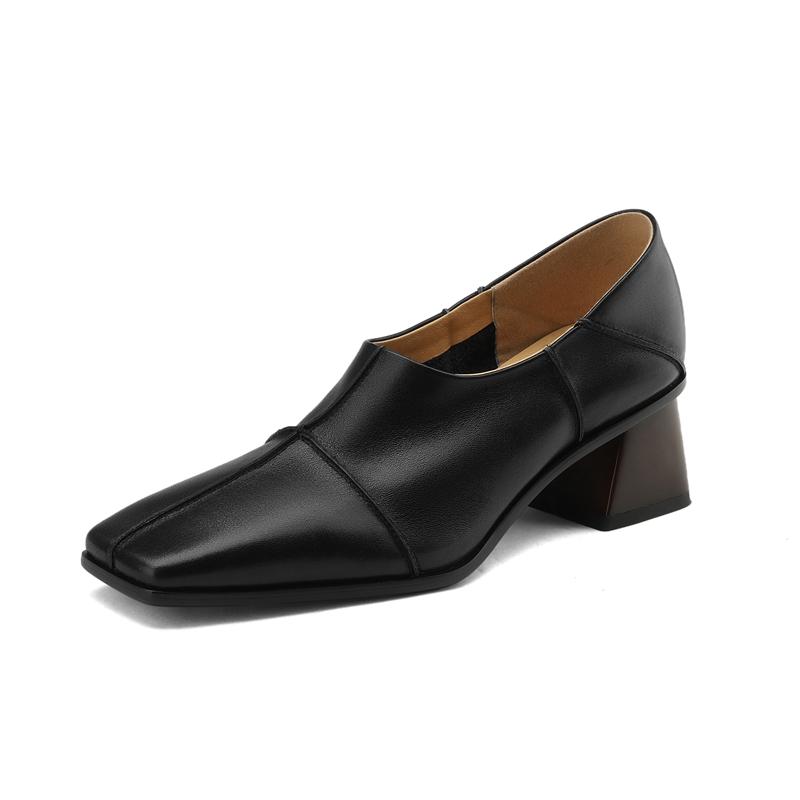 Fashion Women's New Spring and Autumn Square Head Vintage Genuine Leather Cowhide Comfortable High Heel Deep Mouth Oxford Single Shoes