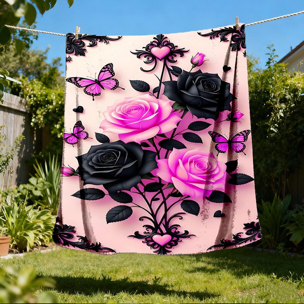 1pc Roses Butterflies Outdoor Blanket - Soft Flannel Cozy for Travel & Camping - All-Season Warm Bed Cover, Machine Washable Yy251229108