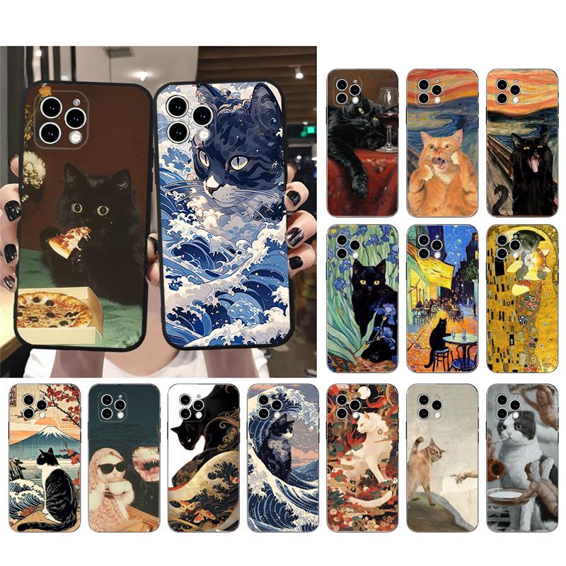 Phone Case Carcasa Funda For iPhone 17 Pro Max 17 Air 16 15 14 13 Pro Max 15 16 Pro 15Plus Art Black Cat Wave Van Gogh