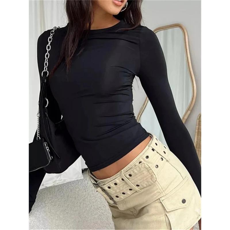 Autumn Women Slim Round Neck Cropped Tops Long Sleeve Show Navel Solid Temperament Color T-Shirt