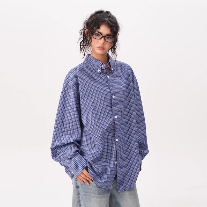 BWKA Unisex Amerikaans Retro Blauw Geruit Overhemd met Lange Mouwen