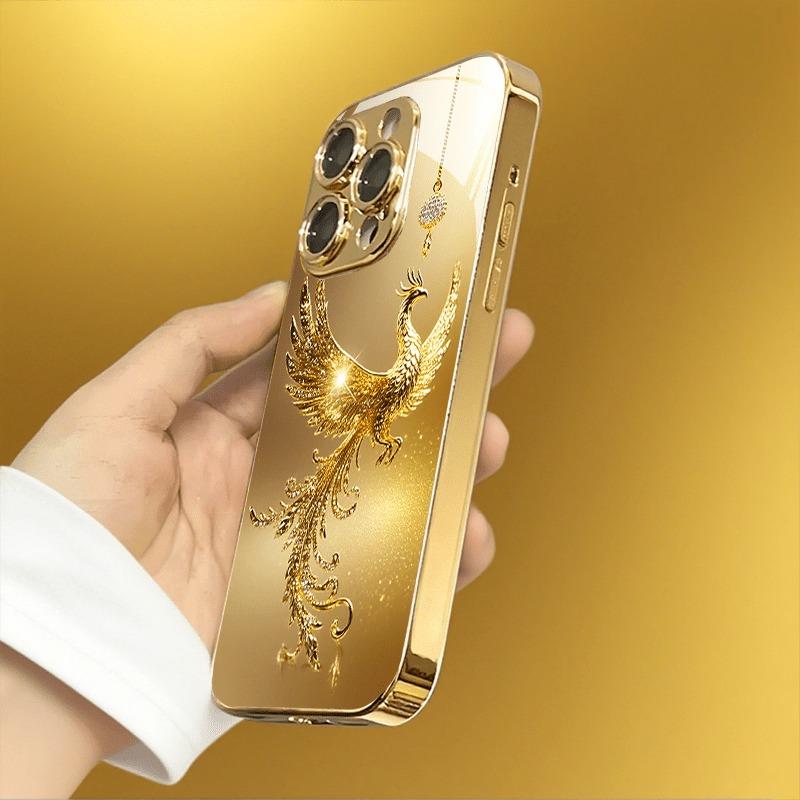 Diamond Golden Phoenix Pattern Gold Metallic Paint Glass Phone Case For iPhone 17 Pro Max 11 12 13 14 15 16 Plus 17Air 16E Cover