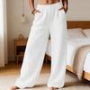 Damen Hose Hohe Taille Gerade Weiter Bein Lange Hose mit Elastischem Bund Tiefe Taschen Knitterarm Casual Hose