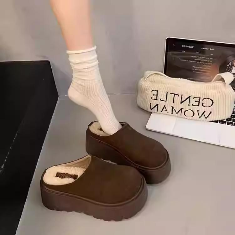 Fashion Retro Cow Suede Women's Flat Slippers Spring and Autumn Solid Color Platform Increase Elegant and Comfortable Baotou Slippers.