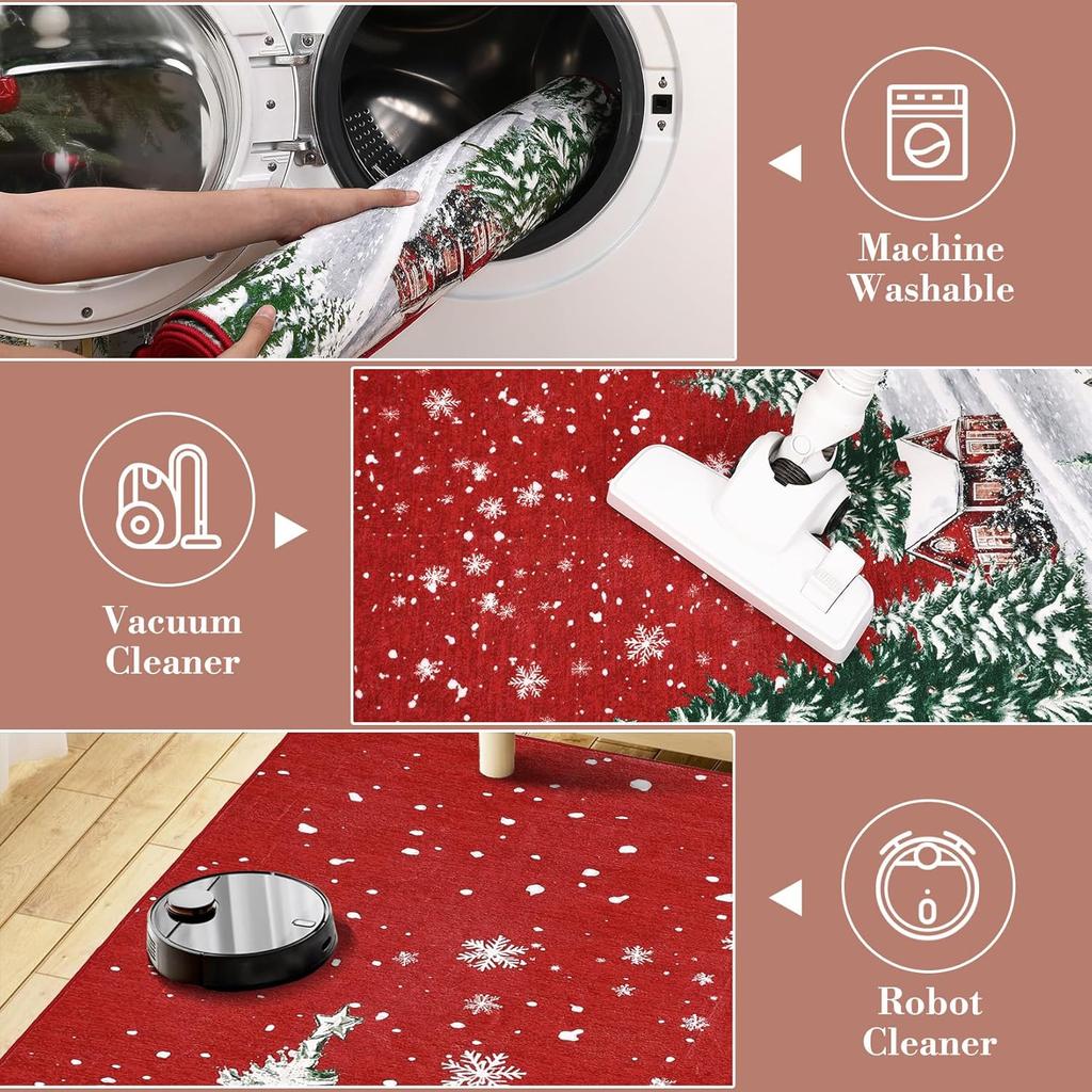 Christmas Area Rug, Red Green Snowflake Tree Rugs Washable Throw Runner Rugs Carpet for for Living Room Kitchen Dining Room