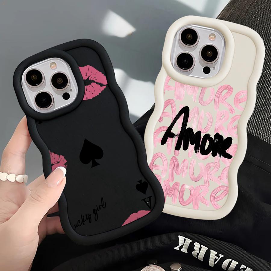 Amore-Love Pink Letter Case for iPhone 12 15 Plus 11 8 16 Pro Max XR 13 17 Air 14 Soft Phone Cover