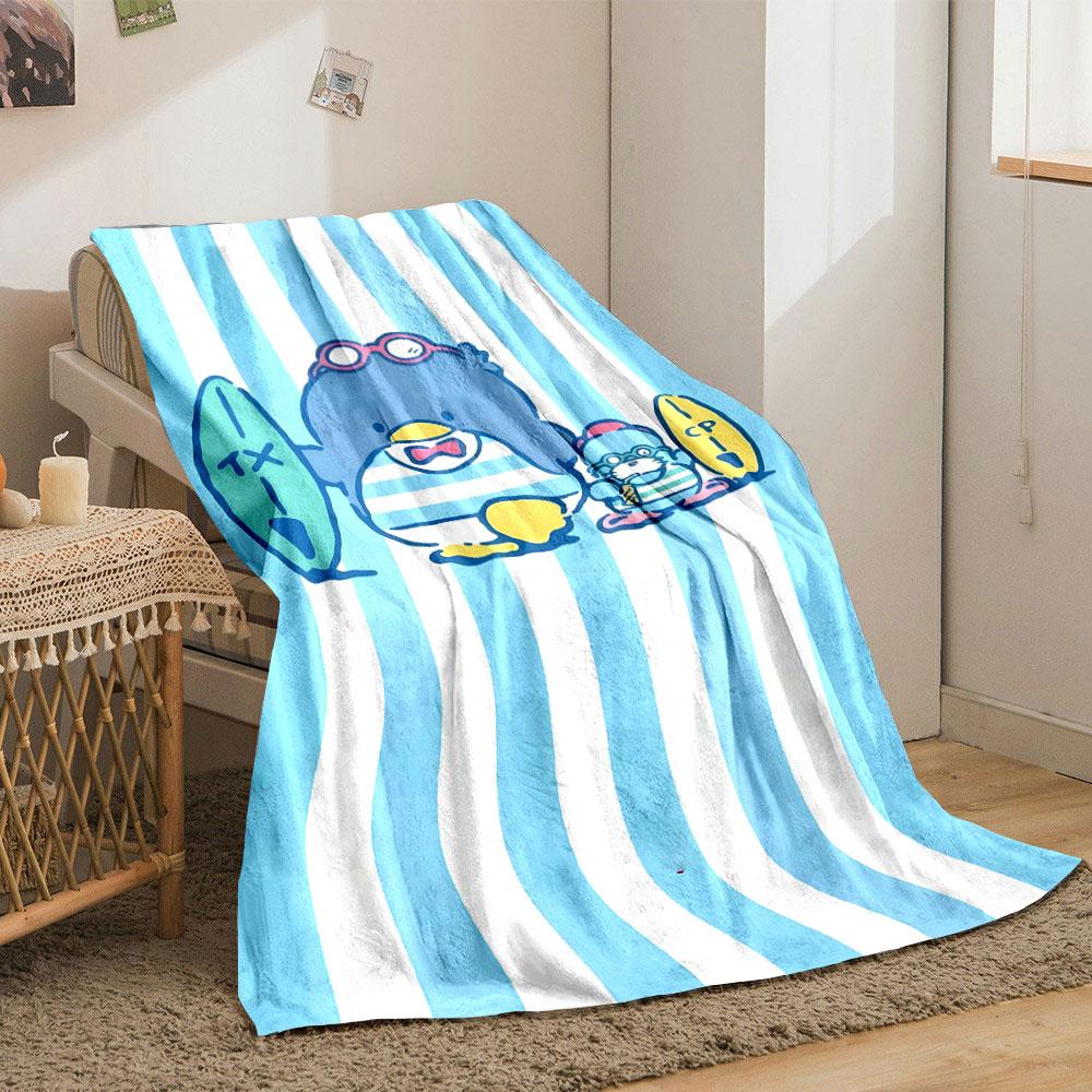 Blue and white vertical stripes with cartoon characters holding surfboards. for all seasons blanket lunch break throw gift