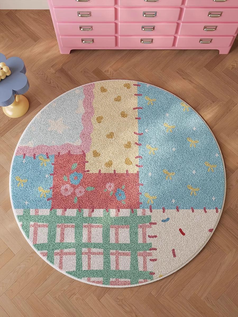 

Round Patchwork Living Room Carpet Large Area Cute Bedroom Fluffy Bedside Rugs Ins Fashionable Home Decoration Coffee Table Mats Diameter 80cm