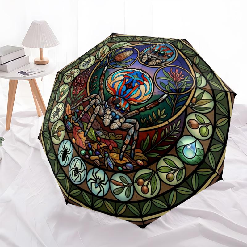 Spider Glass Mandala pattern umbrella, portable and foldable design, 8 ribs, a casual accessory for Halloween, Christmas, and birthday gifts.
