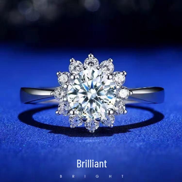 

Sterling Silver Platinum-Plated Sunflower Ring with Gold and Diamond-Inlaid Snowflake Design, Adjustable for Engagement or Wedding. Open Adjustable