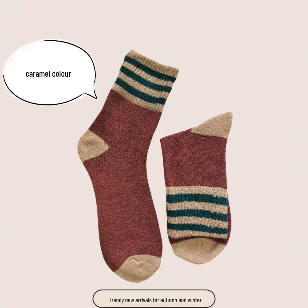 Damen Verdickte Gestreifte Mid-Calf Socken: Fleecegefütterter Frottee für Wärme, Herbst- & Winter-Retro-Woll-Design