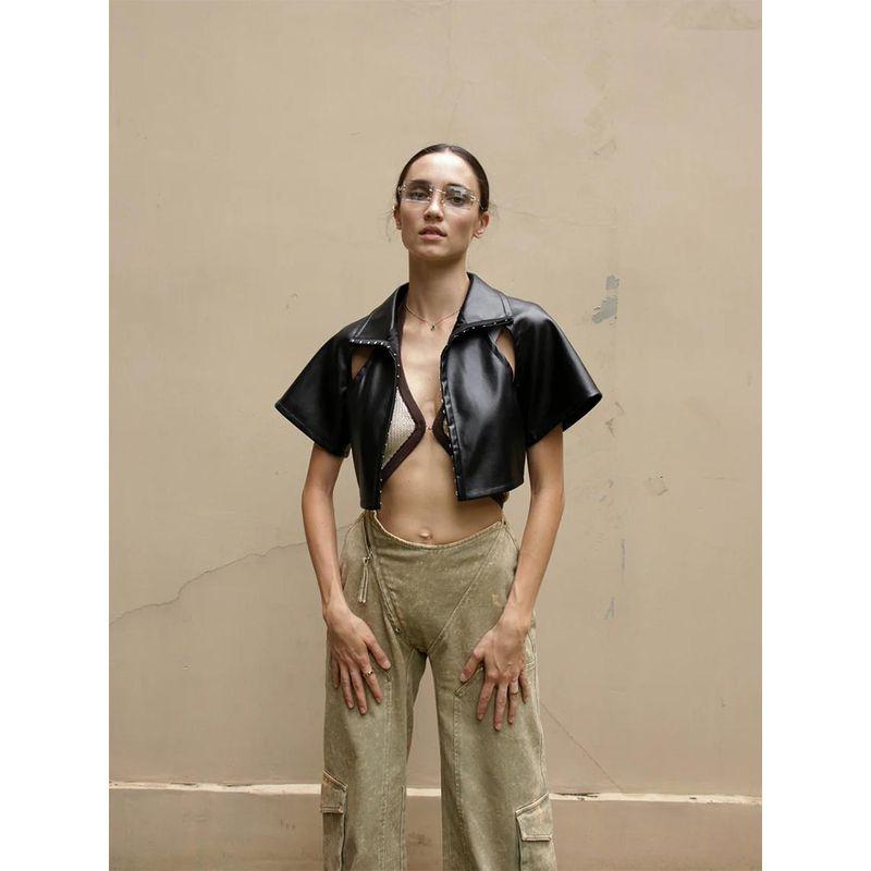 

Foreign Trade Original Order RUV * E Zash Metal Hook-Eye PU Leather Coat Shirts Super Slimming Pull-up Vision Becomes Long Leg Essence Black S