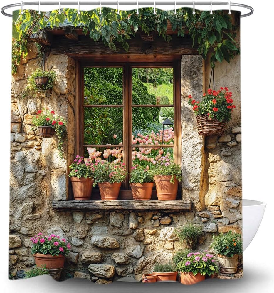Stone Brick Wall Shower Curtainfor Bathroom,Vintage Green Leaves Floral Plant Decor Bath Curtain,Rustic Farmhouse Shower Curtain