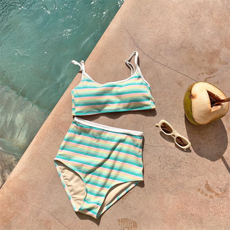 Source Ladies Fashion Split Bikini Striped Print Fresh Student Beach Hot Spring Swimsuit BI