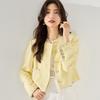 Womens Yellow Jacquard Knit Blazer Short Cropped Office Chic Jacket Round Neck Regular Fit 2026