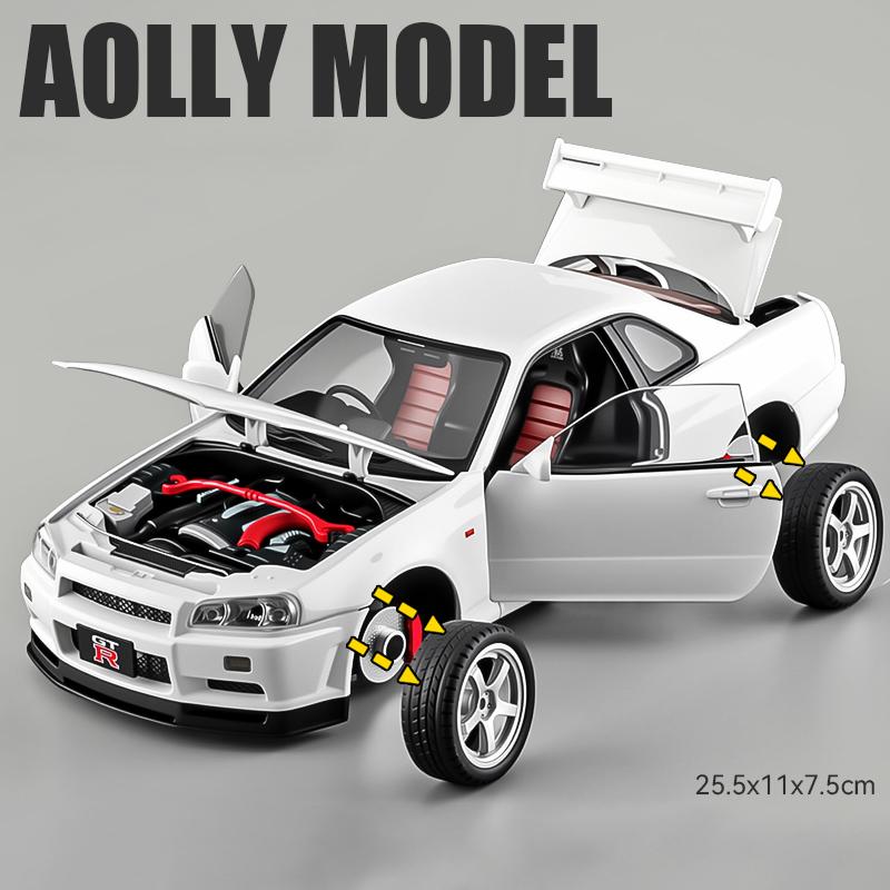 ABE4 1:18 Nissan GTR R34 Skyline S15 LBWK Alloy Car Model Sound and Light Pull Back Children's Toy Car Collectibles Birthday Gift Toy