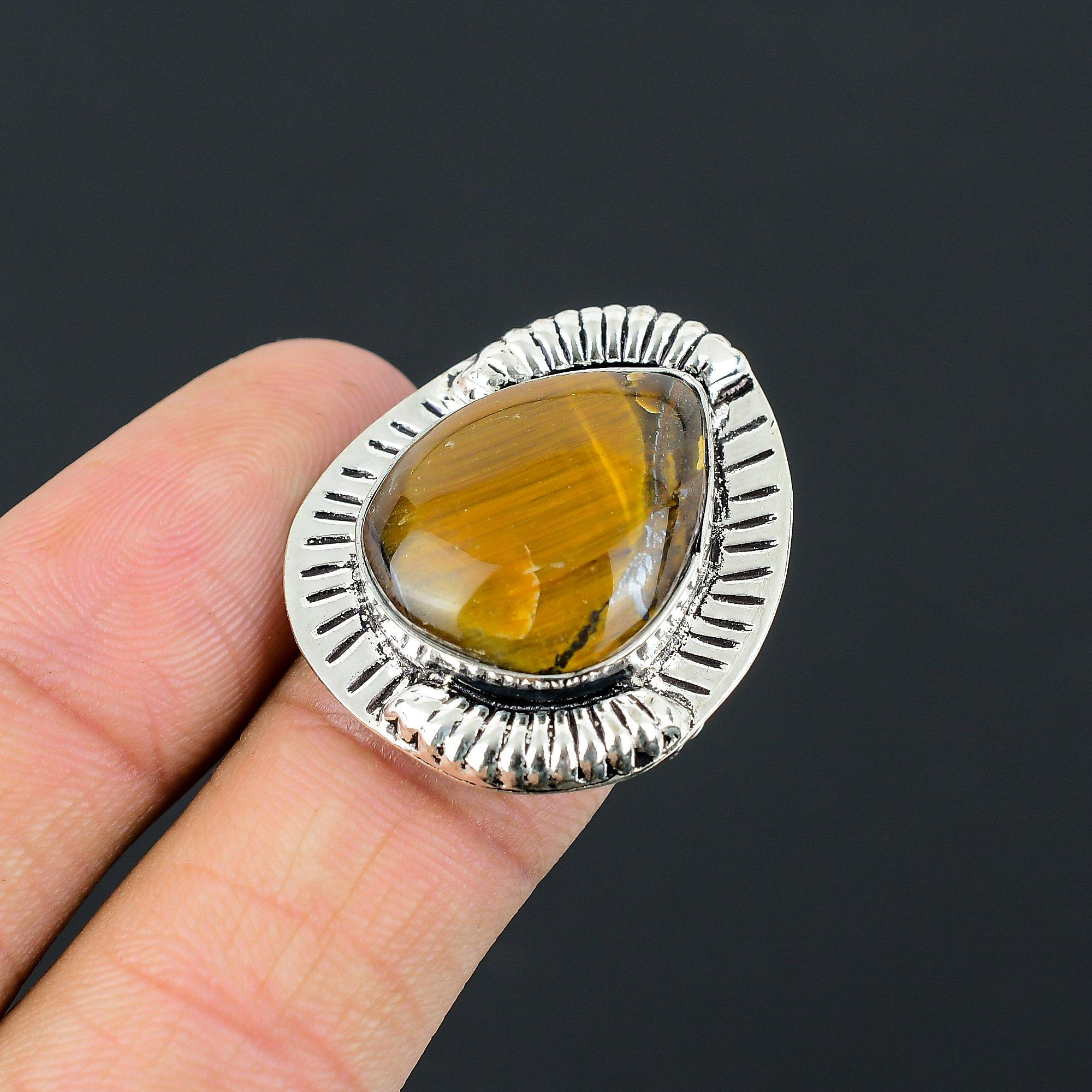 

Mothers day Deal Tiger Eye Gemstone Sterling Silver Wedding Statement Ring US 8 8