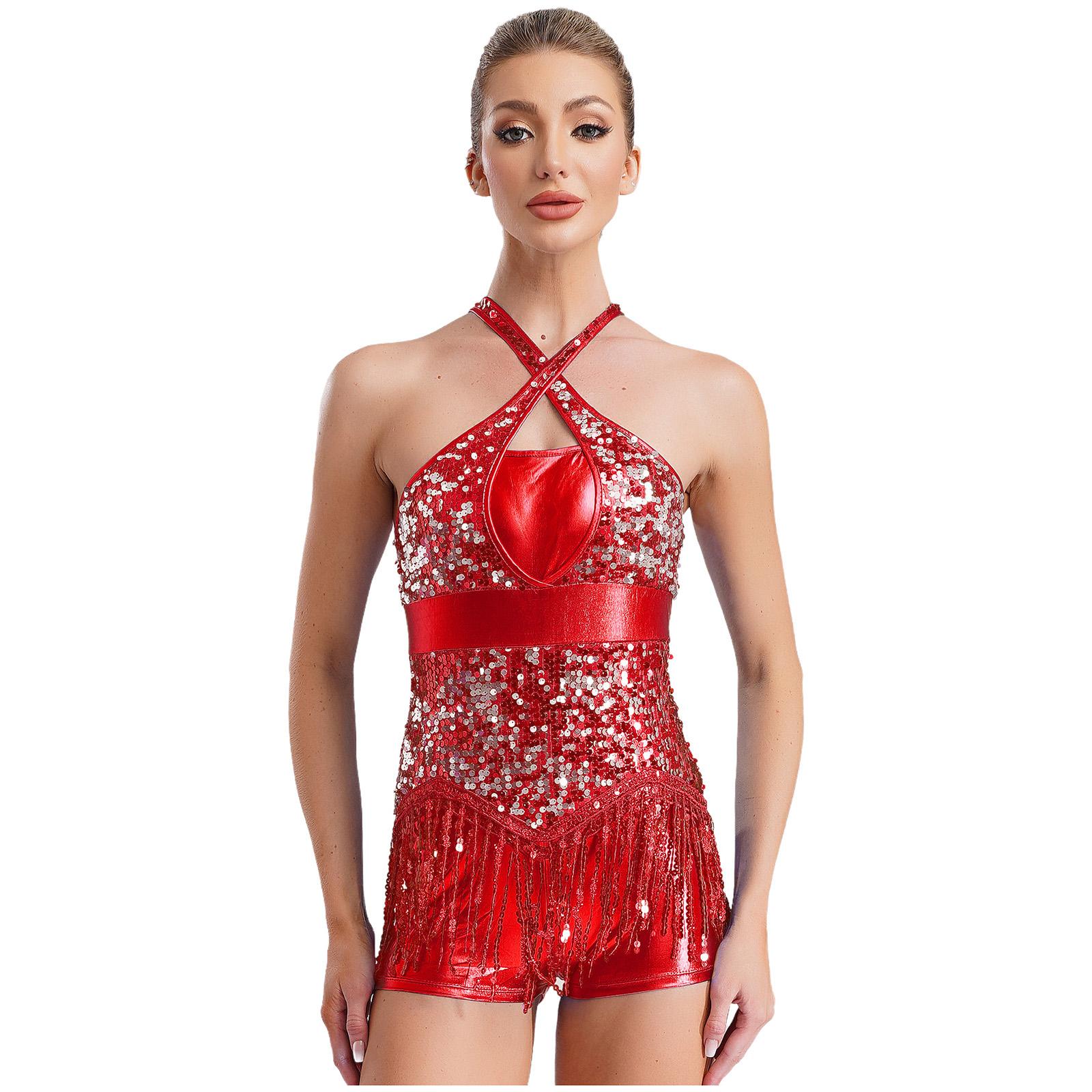 Womens Latin Dance Cha-Cha Dancewear Performance Costume Sparkly Sequins Tassel Leotard Fashion Cutout Back Fringed Bodysuit 16