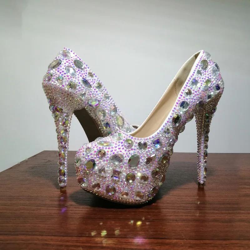 Fashion 14cm Luxury Wedding Shoes Pearl Flowers Full Rhinestones Pearl Platform High Heels Customized Bridal Shoes Cinderella