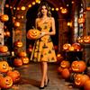 Women’s Halloween Print Dress Sleeveless Off Shoulder Spaghetti Strap A Line Midi Dress with Festive Pattern for Holiday Parties