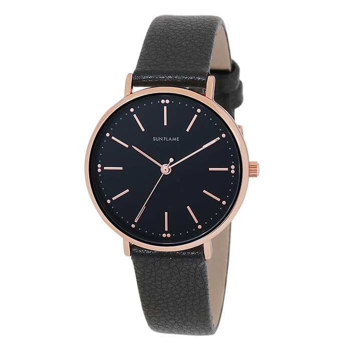 SUNFLAME Made in Simple Design Textured Faux Leather Black Watch, Japan, Watch, Strap, Simple, Slim, Basic, Trendy, Men s, (JF4D0010) чёрный