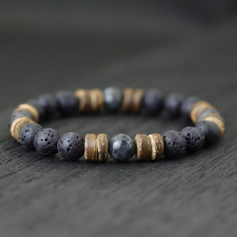 Nieuwe Handgemaakte Natuurlijke Houten Armband Voor Mannen 8mm Tijgeroog Vulkanisch Steen Armband Cadeau Voor Vriend Sanskriet Pulseras Punk Sieraden