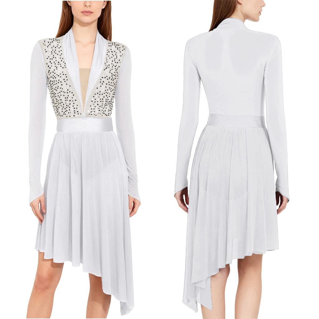 Damen Lyrical Tanzkleid S-XXL: Transparenter Netzstoff Langarm mit glitzernden Strasssteinen & Eingearbeiteten Schrittknöpfen Höschen Rüschen Design