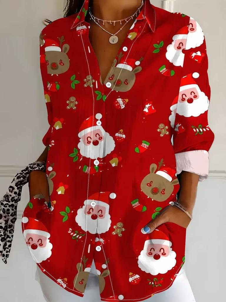 Women 2026 Long Sleeve Shirt Fashion Christmas Party Printing Blouse Elegant Graphic Casual Daily Wear Spring Autumn Blouse Tops