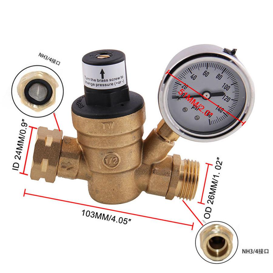 M11-0660R 3/4 "Water Pressure Regulator Valve Brass Lead-Free Adjustable Water Pressure Reducer with Gauge for RV Camper, and Inlet Screened Filter