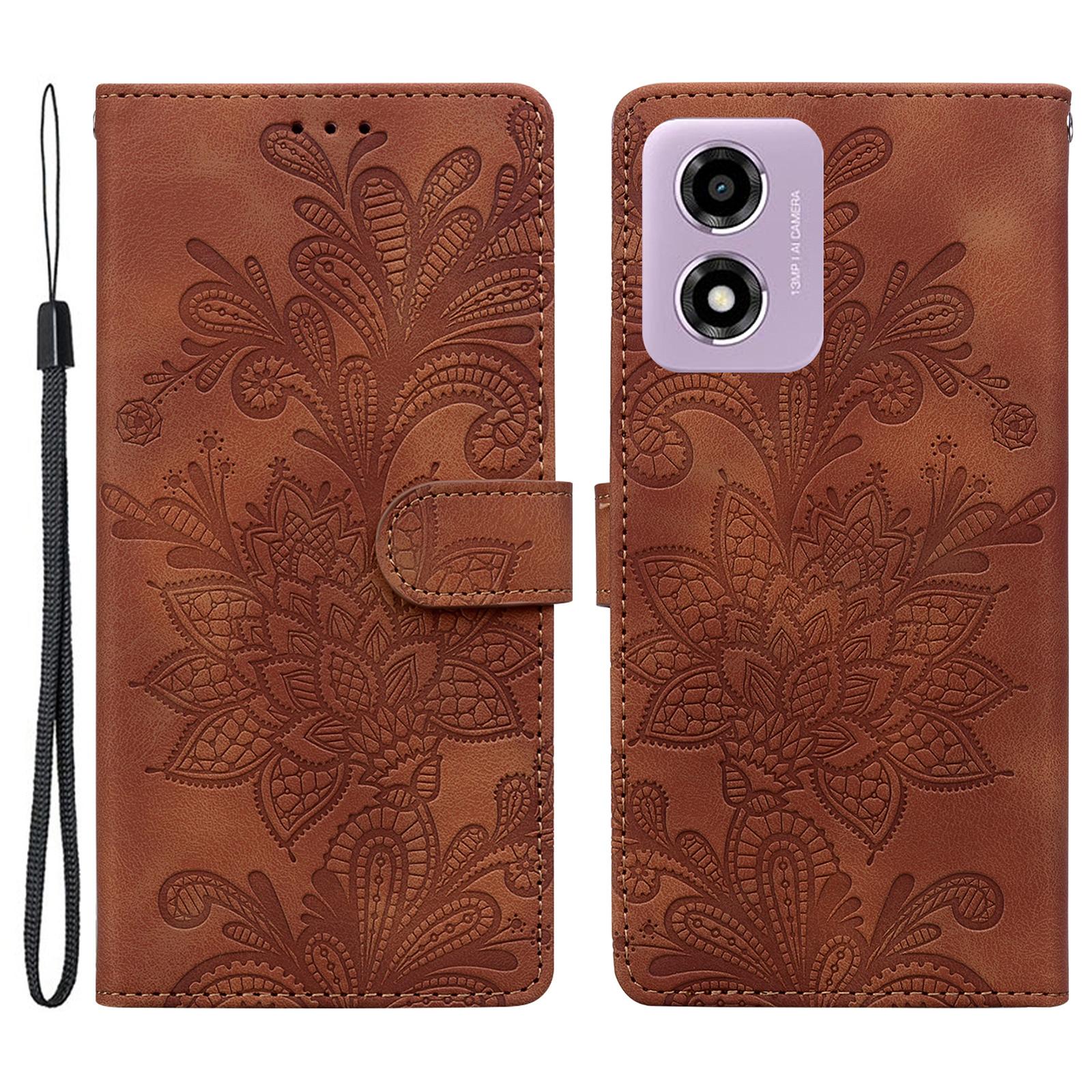 

PU Leather Case For Motorola Moto E14 4G/G24 4G/G04 4G Imprinted Lace Flowers Wallet Phone Cover Brown