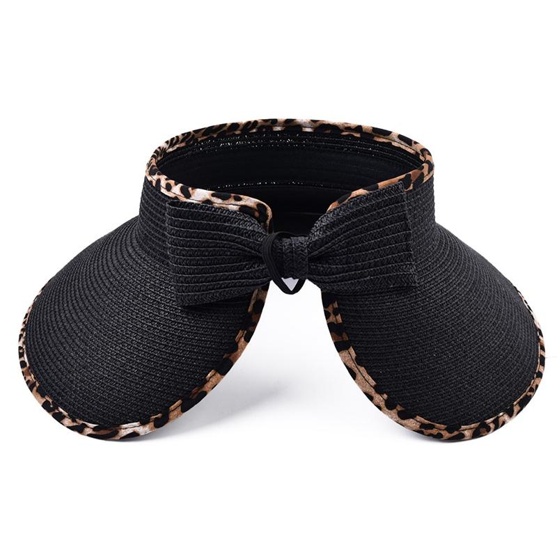 Faltbarer Sonnenhut für Damen mit Leoparden-Besatz, leere Kappe, modisch, neuer Farbton, Sommer-Strohhut, Sonnenschutz-Kappe One Size black