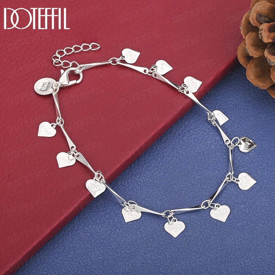 

925 Sterling Silver Bamboo Chain Heart-Shaped Pendant Bracelet Wedding Gift Jewelry 20cm