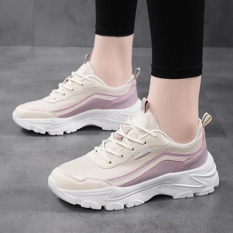 Women Shoes Casual Sport Platform Lady Sneaker Black Thick Sole Leather Big Size 42 Fashion High Quality Flats Walking Platform