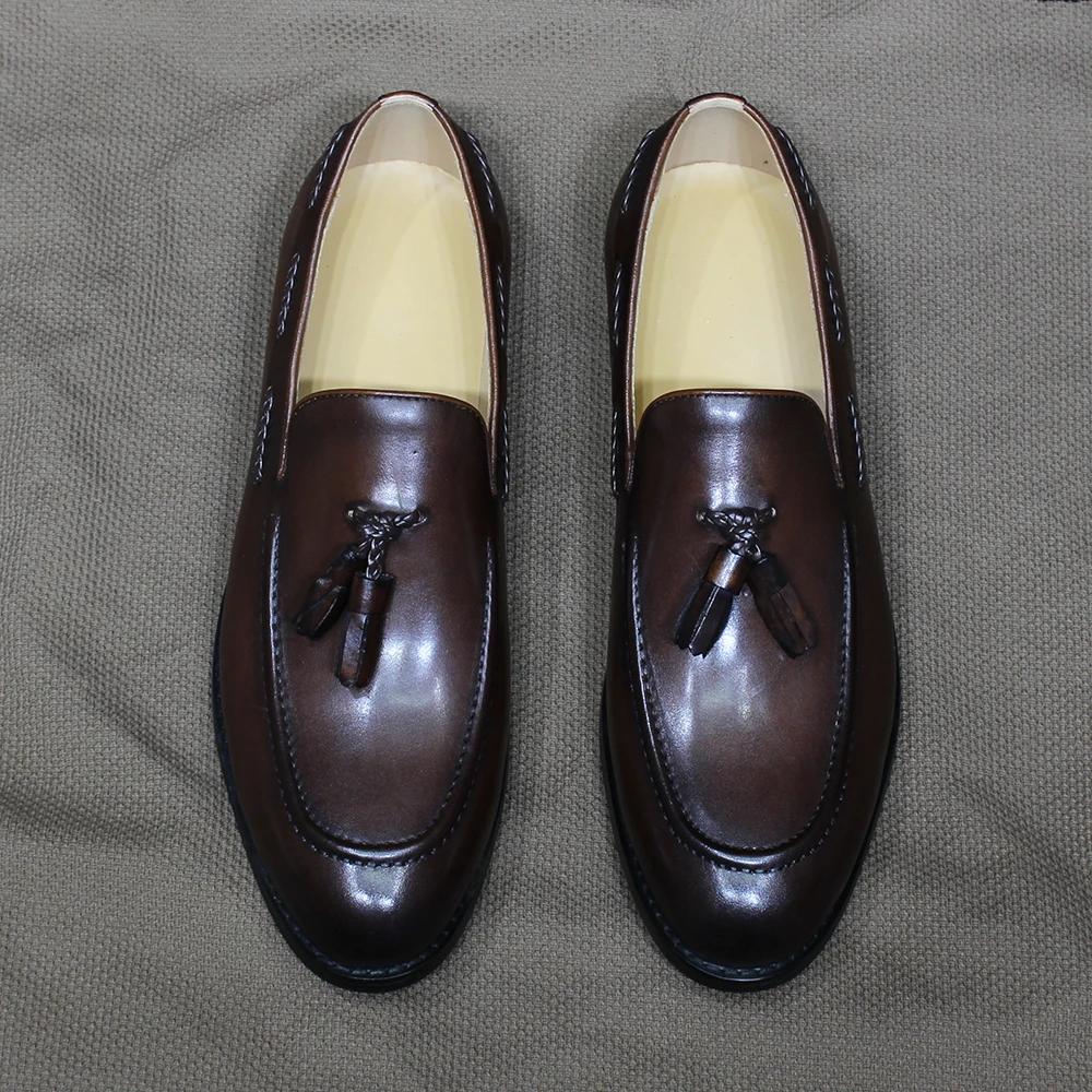 Fashion Classic Men's Genuine Cow Leather Tassel Loafers Slip-On Formal Dress Shoes Plain Toe Office Casual Loafers for Daily Wear