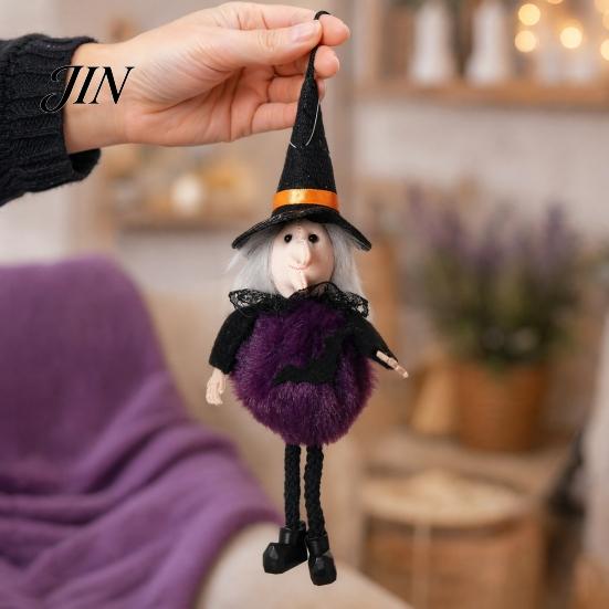 High-quality Halloween Figure Plush Pom Hanging Decoration, Pumpkin/Ghost/Black Cat/Witch Doll Creepy Witch Ornament for Tree, Porch, Window