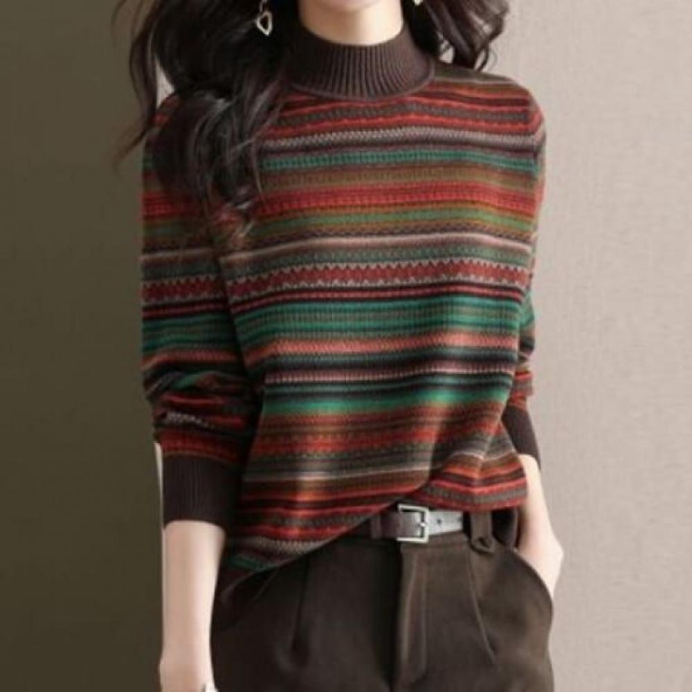 Navava Nk3239 Retro Jacquard Pattern Long Sleeve Half Polo Knit Tee
