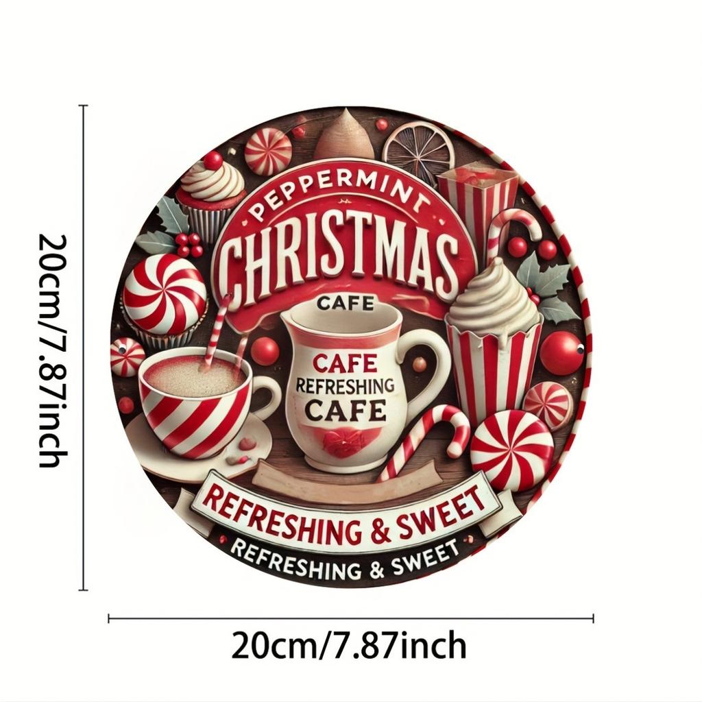 Christmas Cafe Mint Aluminum Brand - 1 piece, 8x8 inch round metal wall art, suitable for holiday decoration, suitable for home