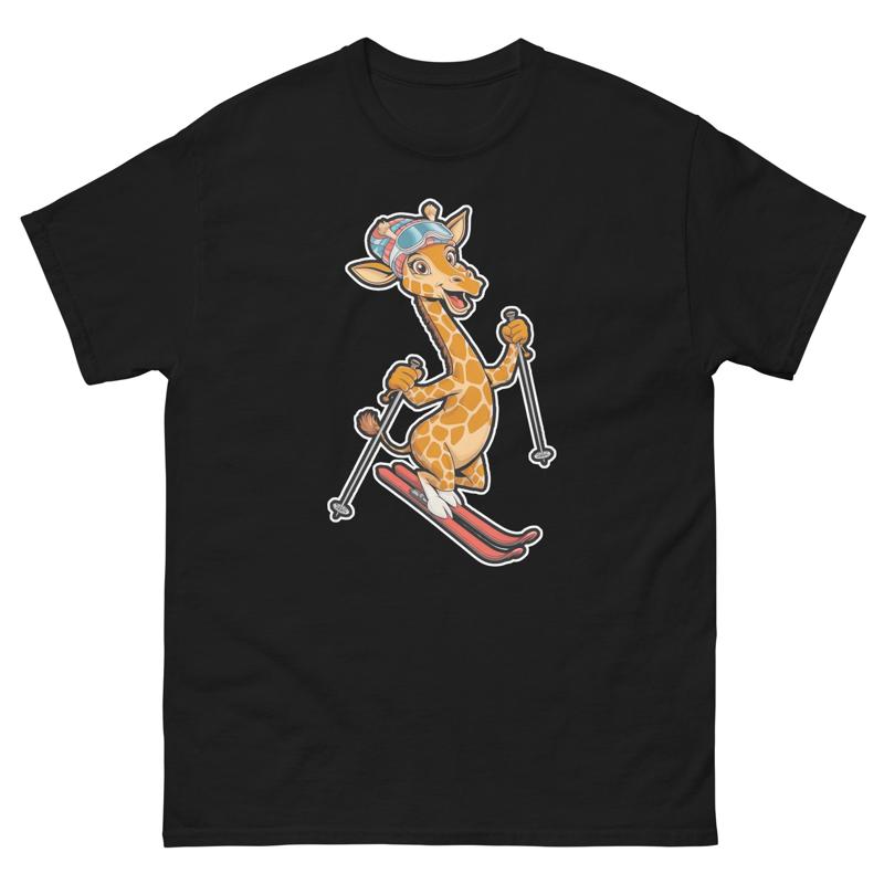 Giraffe Skiing Skier Fun Cartoon Ski T Shirt - Men s Summer Cotton Graphic Tee S разноцветный