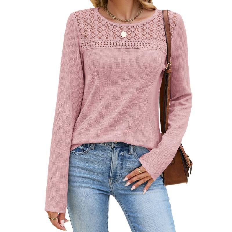 Women Solid Color Crew Neck Lace Patchwork Loose Long Sleeve Casual T Shirt