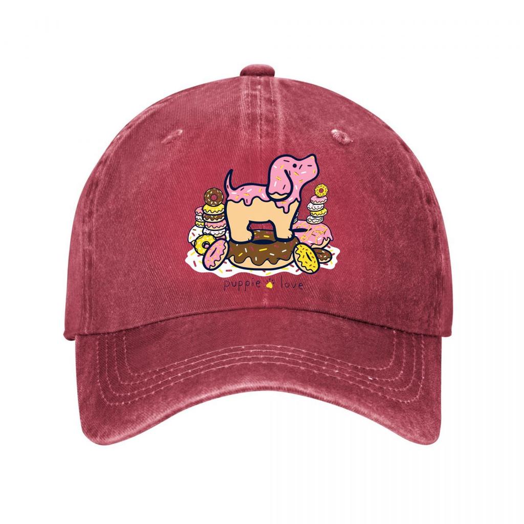 Puppie Love Dog Donut Dessert Pink Graphic Washed Baseball Cap Outdoor For Womens Unisex FeUnisex