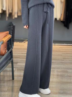Dames High-Waisted Wijde Pijpen Wol Broek Herfst/Winter 2025 - Vloerlengte, Casual Vallende Gebreide Broek