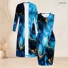 Women Plus Size Two Piece Set Long Sleeve Open Front Cardigan Round Neck Sleeveless Bodycon Dress Blue Black Gold Printed