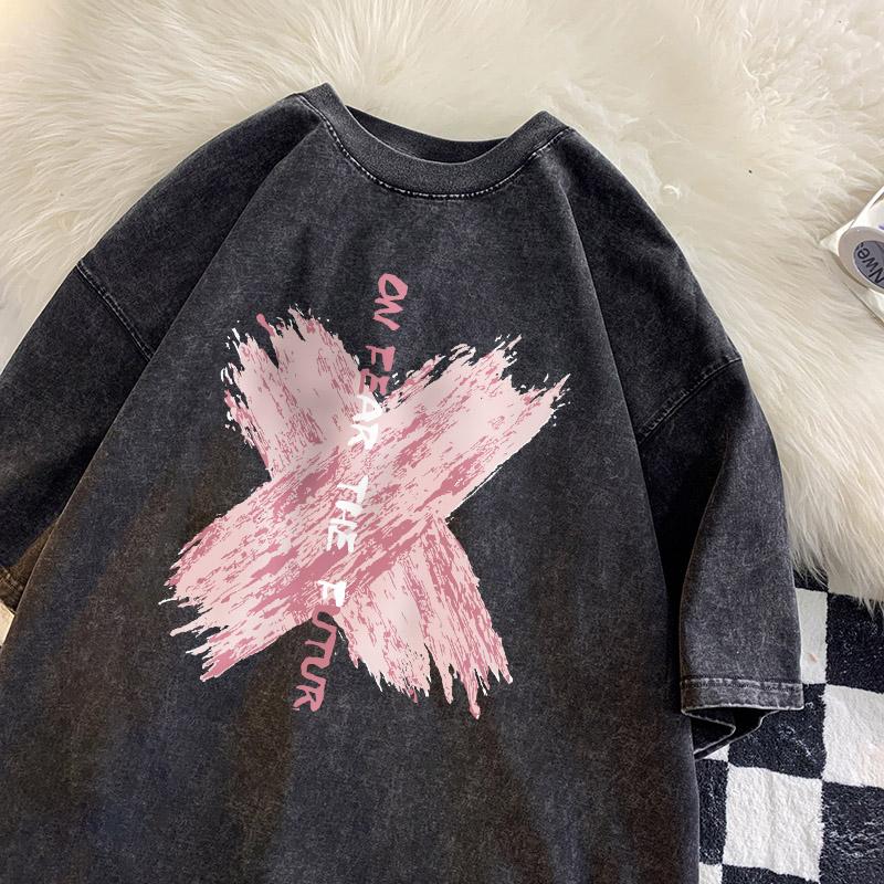 

On Fear The Futur Letter T-shirt Men Pink Graffiti Shirt Cotton Vintage Washed Short Sleeve Street T-shirts Men Tiki S