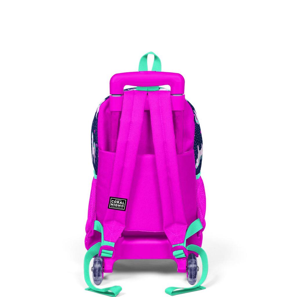Coral High Kids Navy Blue Pink Unicorn Patterned Three-Compartment Squeegee Backpack 23366