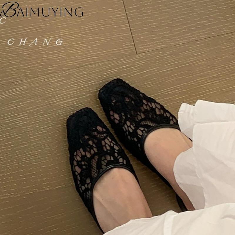 Mesh Hollow Slippers Women Heeled Sandals Square Toe Lace Shoes Casual 2025 Trend Chunky Mules Summer Dress Woman Comfort Slides