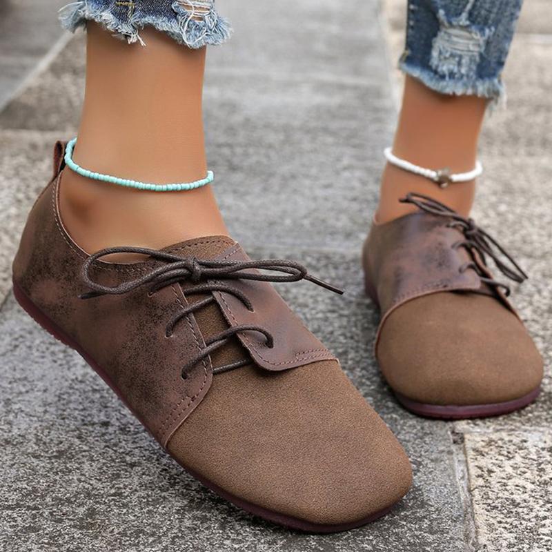 Brown Round Toe Flats Shoes Women Faux Suede Lace Up Flat Shoes for Woman Plus Size 43 Soft Walking Casual Shoes Female
