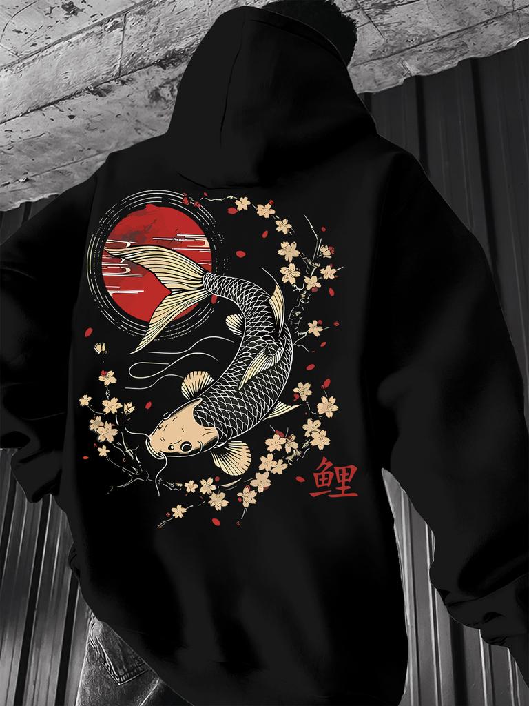 Felpa Sportiva Hip Hop alla Moda per Bambini, artwork di carpa orientale, silhouette rilassata per l'uso quotidiano di ragazzi e ragazze.
