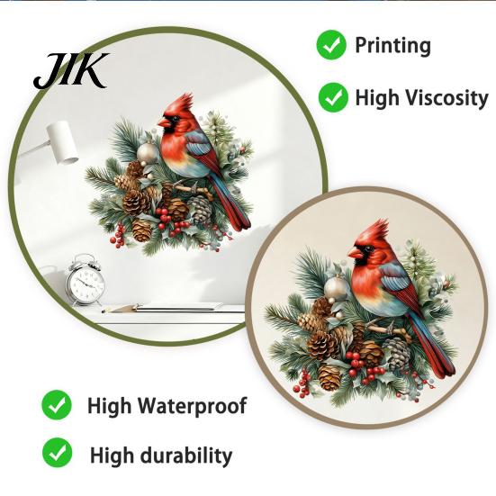 Festive Indoor Outdoor Glass Decals Christmas Bird Wall Sticker, Decorative PVC Decal with Pine Branch Cone And Red Berry, Waterproof Peel Sticker Art