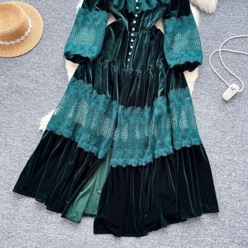 High Street Kleider Frauen Retro Hohle Spitze Patchwork Gold Samt Kleid Französisch Perle Schnalle Taille Länge Vintage Chic Kleider